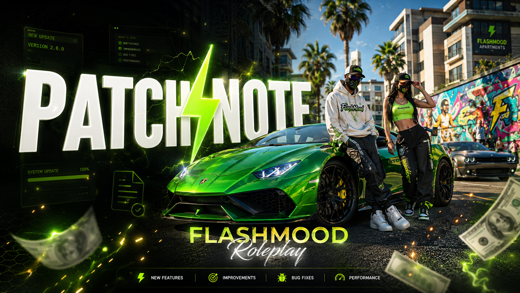 Visuel premium Patchnote Flashmood, voiture verte et mises à jour serveur